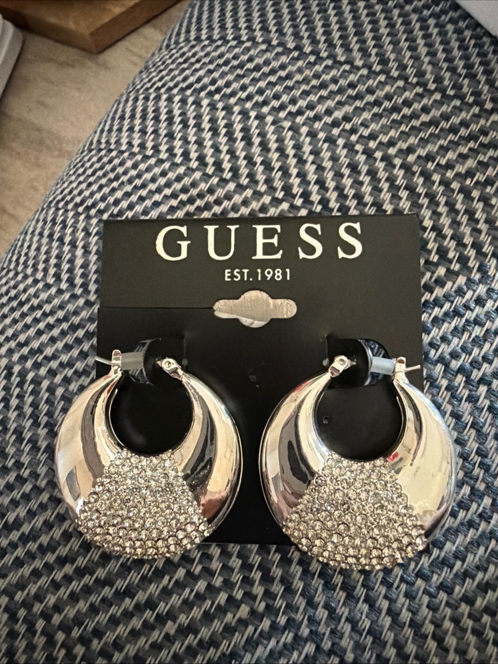 GUESS Silver Crystal-Accent Crescent Hoop Earrings